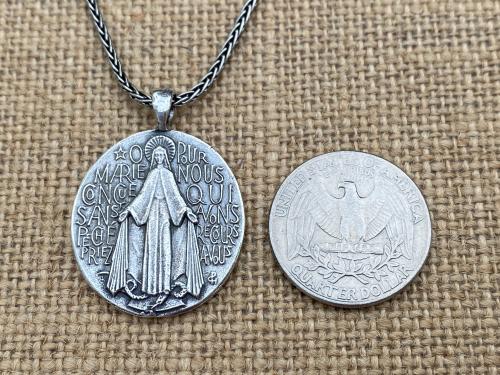 Sterling Silver French Miraculous Medal Pendant Necklace, Antique Replica, Large Miraculous Medallion, Big Blessed Virgin Mary Pendant, MM1