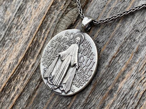 Sterling Silver French Miraculous Medal Pendant Necklace, Antique Replica, Large Miraculous Medallion, Big Blessed Virgin Mary Pendant, MM1