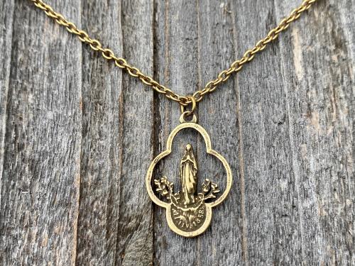 Antique Gold Our Lady of Lourdes Pendant, French Antique Replica, Our Lady of Lourdes Necklace, Immaculate Conception, Notre Dame de Lourdes