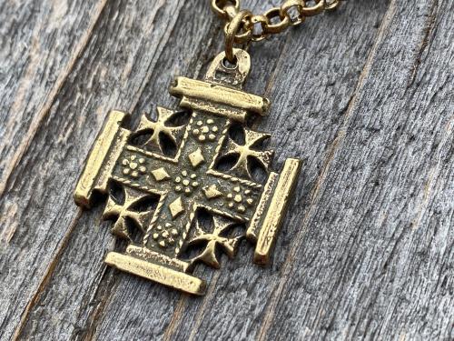 Antique Gold Jerusalem Cross, Five-Fold Medal Necklace, Crusader's Cross, Five Wounds of Christ Cross-and-Crosslets, Heraldic Holy Sepulchre