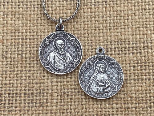 Reversible St. Francis de Sales & St. Jane de Chantal Sterling Silver Medal, French Antique Replica, Artists Penin Poncet, Wheat Spiga Chain