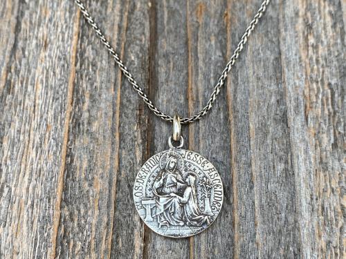 Sterling Silver St Anne Medal Pendant Necklace, French Artist Tricard, Antique Replica, Grandmother of Jesus, Patron Saint of Grandmothers