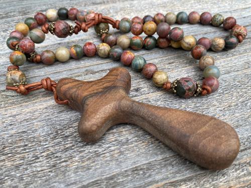 Large Comfort Cross Rosary, Bronze & Gemstone Bead Rosary with Red Cherry Creek Jasper Stones, Artisan Rosary Decor, Family Heirloom Rosary