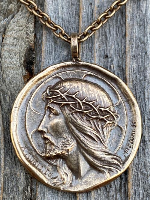 Bronze Crowned Jesus Medal and Necklace, French Antique Replica, Artists Augis and Mazzoni, Rare Jesus Pendant, Jesus Christ Crowned King