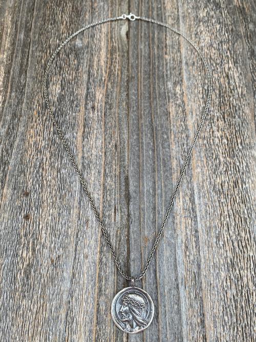 Sterling Silver Crowned Jesus Medal Pendant Necklace, French Antique Replica, Artists Augis and Mazzoni, Jesus Christ Pendant from France