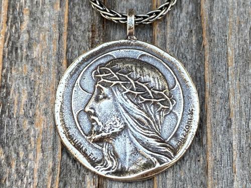 Sterling Silver Crowned Jesus Medal Pendant Necklace, French Antique Replica, Artists Augis and Mazzoni, Jesus Christ Pendant from France