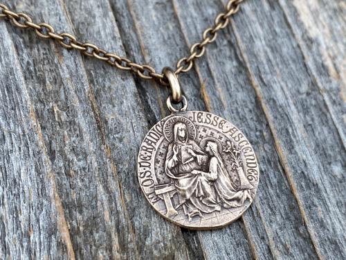 Bronze Saint Anne Medal on Necklace, Antique Replica, French Artist Louis Tricard, St Anne Pendant, Patron Saint of Grandmothers, St. Anne