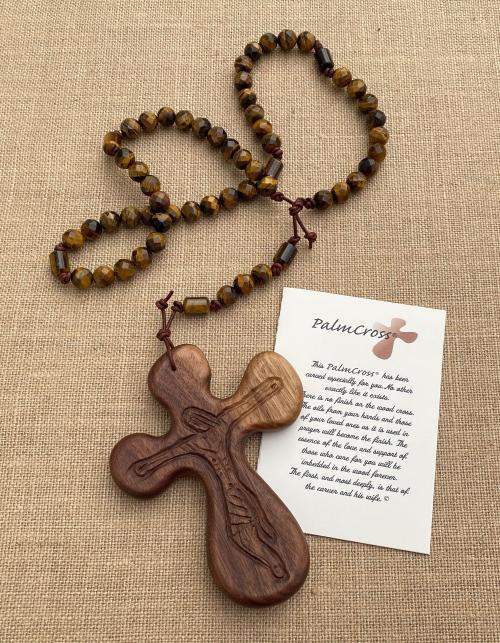 Large Walnut Palm Cross and Yellow Tigereye Gemstone Rosary,  Hand-carved byRon PalmCross Crucifix, Big Comfort Cross Rosary, Couples Rosary