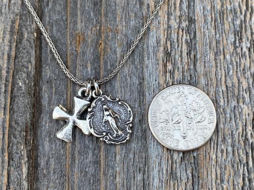 Sterling Silver Miraculous Medal & Cross Charm Cluster Necklace, Catholic Cluster Necklace, Religious Charm Necklace, Boho Chic Cross, MM3