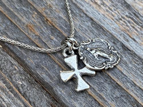 Sterling Silver Miraculous Medal & Cross Charm Cluster Necklace, Catholic Cluster Necklace, Religious Charm Necklace, Boho Chic Cross, MM3