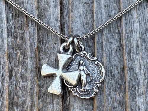 Sterling Silver Miraculous Medal & Cross Charm Cluster Necklace, Catholic Cluster Necklace, Religious Charm Necklace, Boho Chic Cross, MM3