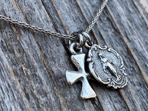 Sterling Silver Miraculous Medal & Cross Charm Cluster Necklace, Catholic Cluster Necklace, Religious Charm Necklace, Boho Chic Cross, MM3