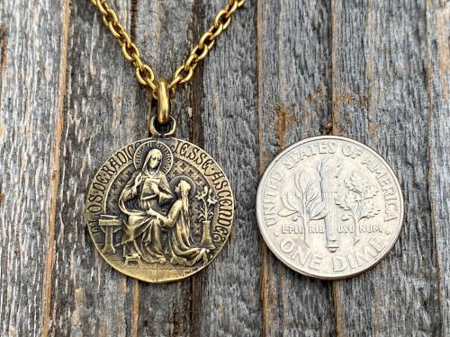 Antique Gold St Anne Medal Pendant Necklace, Antique Replica, French Artist Louis Tricard, Holy Anna Ora Pro Nobis, Saint Anne Pray for Us