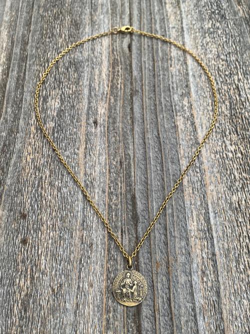 Antique Gold St Anne Medal Pendant Necklace, Antique Replica, French Artist Louis Tricard, Holy Anna Ora Pro Nobis, Saint Anne Pray for Us