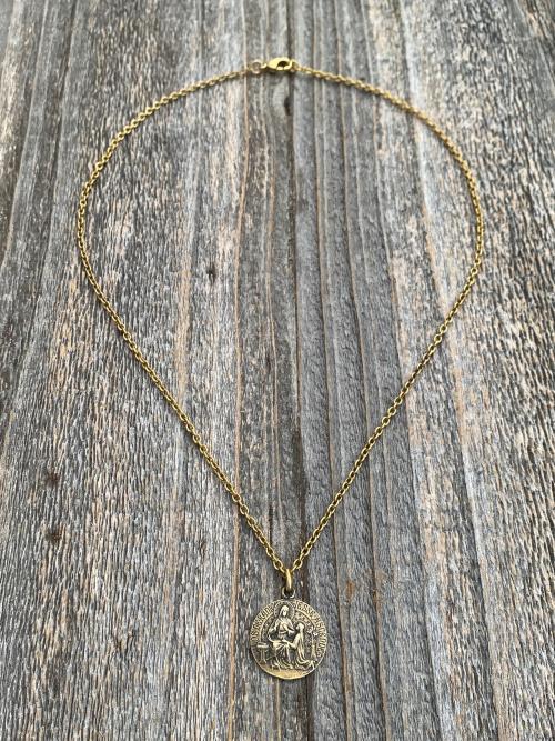 Antique Gold St Anne Medal Pendant Necklace, Antique Replica, French Artist Louis Tricard, Holy Anna Ora Pro Nobis, Saint Anne Pray for Us