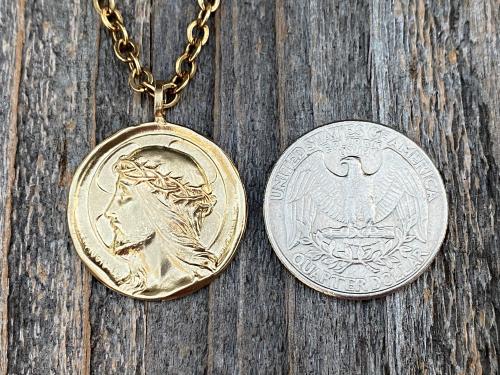 Gold Crowned Jesus Medal Pendant and Chain Necklace, French Antique Replica, By Augis and Mazzoni, Lord Jesus Christ, Rare French Medal