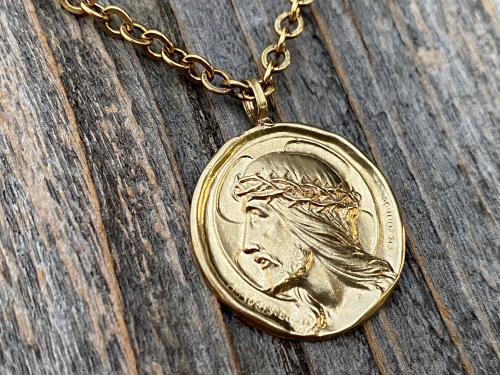 Gold Crowned Jesus Medal Pendant and Chain Necklace, French Antique Replica, By Augis and Mazzoni, Lord Jesus Christ, Rare French Medal