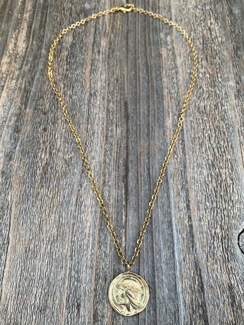 Gold Crowned Jesus Medal Pendant and Chain Necklace, French Antique Replica, By Augis and Mazzoni, Lord Jesus Christ, Rare French Medal