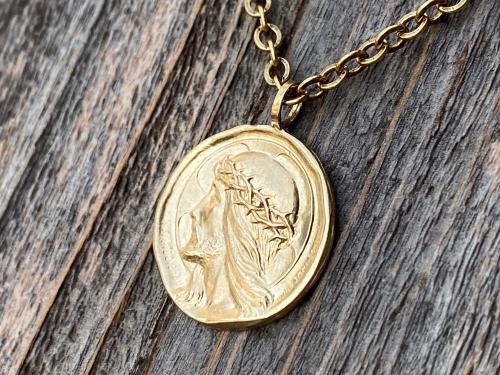 Gold Crowned Jesus Medal Pendant and Chain Necklace, French Antique Replica, By Augis and Mazzoni, Lord Jesus Christ, Rare French Medal