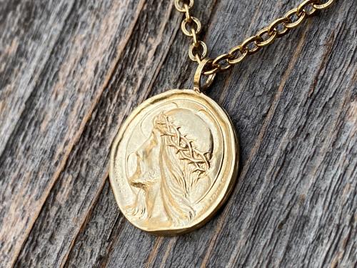 Gold Crowned Jesus Medal Pendant and Chain Necklace, French Antique Replica, By Augis and Mazzoni, Lord Jesus Christ, Rare French Medal