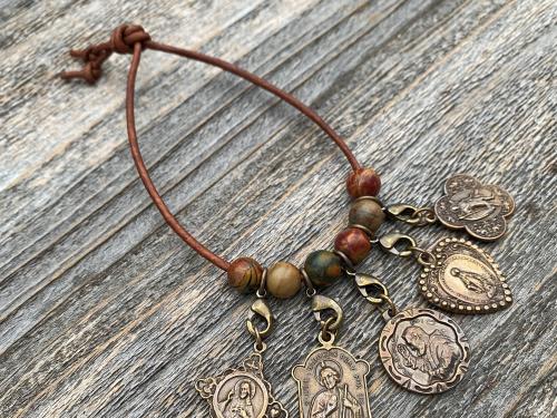 Leather Loop for Religious Medals, Crosses and Crucifixes, Bronze with Cherry Creek Jasper Gemstones, Praying and carrying religious medals