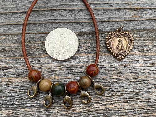 Leather Loop for Religious Medals, Crosses and Crucifixes, Bronze with Cherry Creek Jasper Gemstones, Praying and carrying religious medals