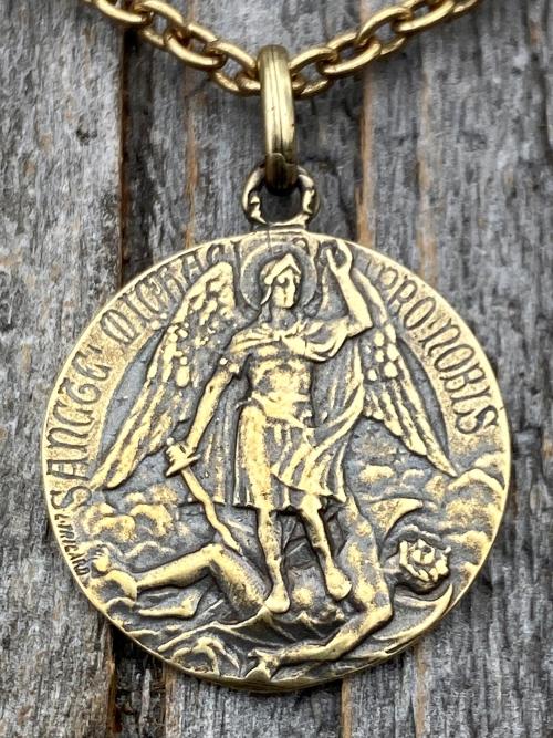 Antique Gold St Michael Medal Pendant Necklace, Rare French Antique Replica, Artist Louis Tricard, Ora Pro Nobis, Saint Michael Pray for Us