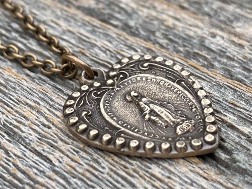 Bronze Miraculous Medal Pendant Necklace, Heart Shaped Miraculous Medal, Antique Replica, Rare Medal minted 1930 Centennial, Virgin Mary M4