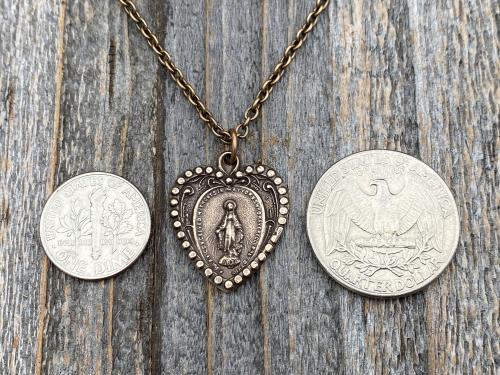 Bronze Miraculous Medal Pendant Necklace, Heart Shaped Miraculous Medal, Antique Replica, Rare Medal minted 1930 Centennial, Virgin Mary M4