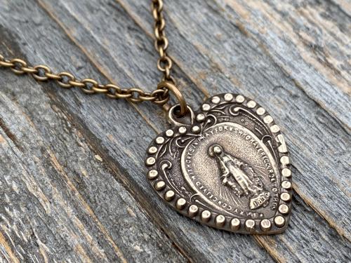 Bronze Miraculous Medal Pendant Necklace, Heart Shaped Miraculous Medal, Antique Replica, Rare Medal minted 1930 Centennial, Virgin Mary M4