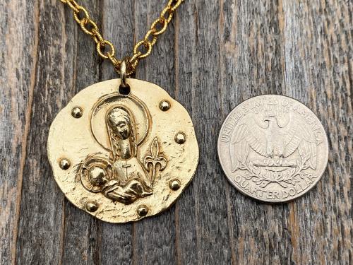 Large Gold Mary and Baby Jesus Medal Pendant Necklace, French Artist Elie Pellegrin, French Antique Replica, Fleur de Lis, Blessed Mother