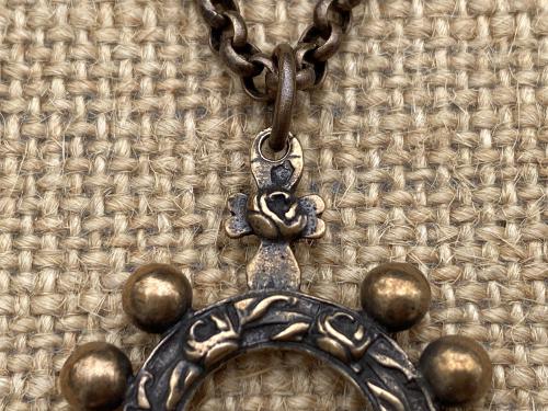 Bronze Rose Themed, Finger Rosary Ring, Necklace, French Antique Replica, Rosary Ring Pendant, Cross with Roses, Bronze Dizainier on Chain