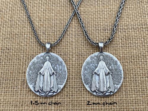 Sterling Silver French Miraculous Medal Pendant Necklace, Antique Replica, Large Miraculous Medallion, Big Blessed Virgin Mary Pendant, MM1