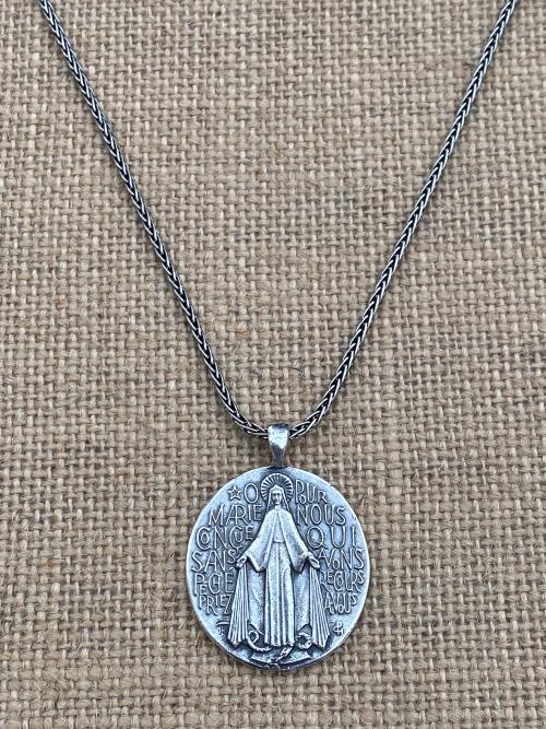 Sterling Silver French Miraculous Medal Pendant Necklace, Antique Replica, Large Miraculous Medallion, Big Blessed Virgin Mary Pendant, MM1