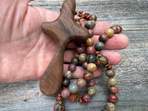 Large Comfort Cross Rosary, Bronze & Gemstone Bead Rosary with Red Cherry Creek Jasper Stones, Artisan Rosary Decor, Family Heirloom Rosary