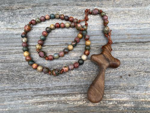 Large Comfort Cross Rosary, Bronze & Gemstone Bead Rosary with Red Cherry Creek Jasper Stones, Artisan Rosary Decor, Family Heirloom Rosary