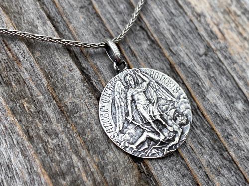 Sterling Silver St Michael Medal Pendant Necklace, Rare French Antique Replica, Artist L Tricard, Ora Pro Nobis, Saint Michael Pray for Us