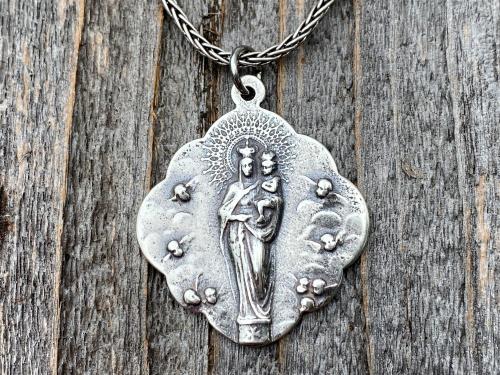 Sterling Silver Mary, Queen of Angels Pendant Necklace, Antique Replica, Our Lady Queen of Heaven, Blessed Virgin Mary Pendant and Necklace