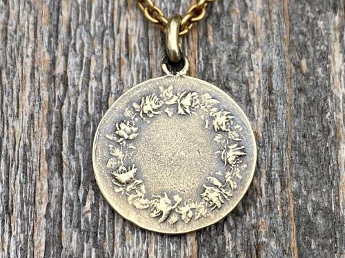 Antique Gold St Anne Medal Pendant Necklace, Antique Replica, French Artist Louis Tricard, Holy Anna Ora Pro Nobis, Saint Anne Pray for Us