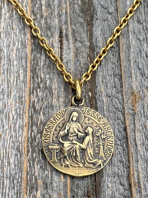 Antique Gold St Anne Medal Pendant Necklace, Antique Replica, French Artist Louis Tricard, Holy Anna Ora Pro Nobis, Saint Anne Pray for Us