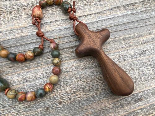 Large Rosary, Walnut Comfort Cross, Palm Cross, Red Cherry Creek Jasper Gemstones, Oversized Rosary, Wall Rosary, Couples Rosary, Heirloom