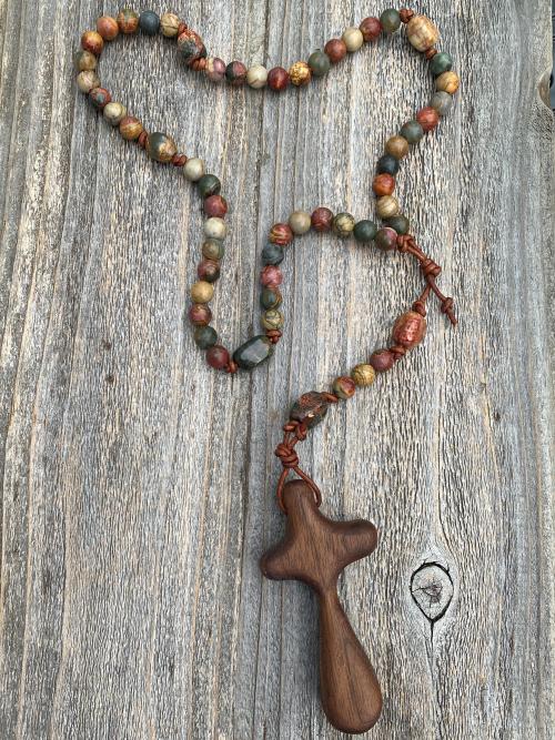 Large Rosary, Walnut Comfort Cross, Palm Cross, Red Cherry Creek Jasper Gemstones, Oversized Rosary, Wall Rosary, Couples Rosary, Heirloom