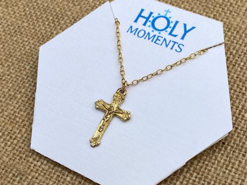 Gold Antique Replica Petite Crucifix and Cable Chain Necklace, Gold Cross Pendant, First Communion Gift, Confirmation Gift, Christening Gift