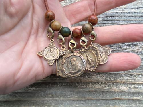 Leather Loop for Religious Medals, Crosses and Crucifixes, Bronze with Cherry Creek Jasper Gemstones, Praying and carrying religious medals