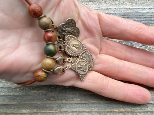 Leather Loop for Religious Medals, Crosses and Crucifixes, Bronze with Cherry Creek Jasper Gemstones, Praying and carrying religious medals