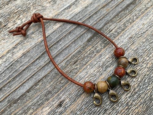 Leather Loop for Religious Medals, Crosses and Crucifixes, Bronze with Cherry Creek Jasper Gemstones, Praying and carrying religious medals