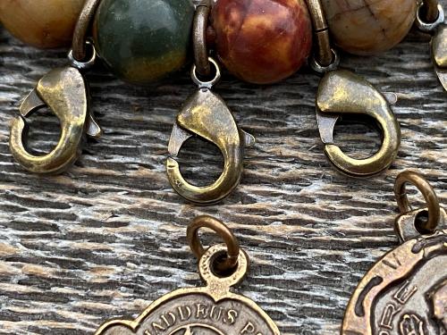 Leather Loop for Religious Medals, Crosses and Crucifixes, Bronze with Cherry Creek Jasper Gemstones, Praying and carrying religious medals