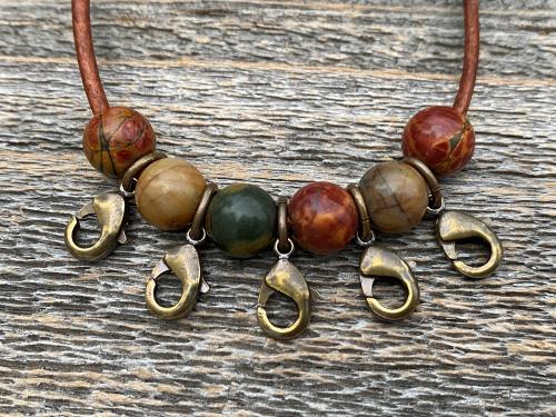 Leather Loop for Religious Medals, Crosses and Crucifixes, Bronze with Cherry Creek Jasper Gemstones, Praying and carrying religious medals