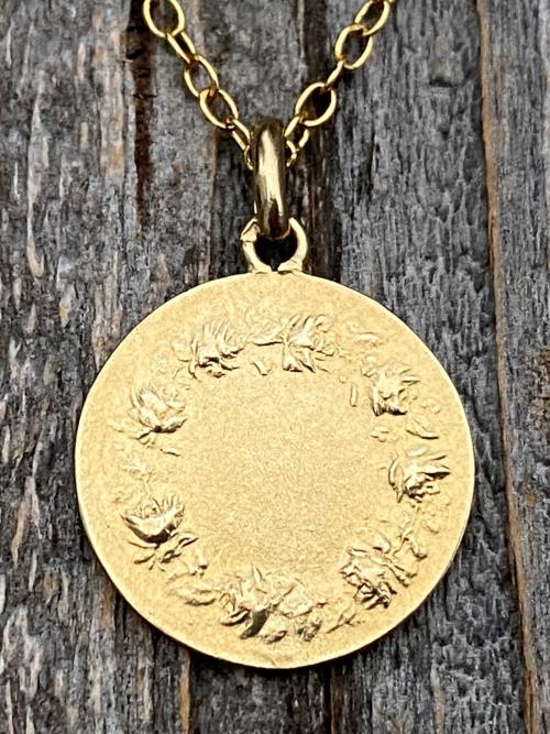 Gold Saint Anne Medal Pendant Necklace, French Antique Replica, Artist Tricard, Patron Saint of Grandmothers, St Anne Medallion, Gold Bronze