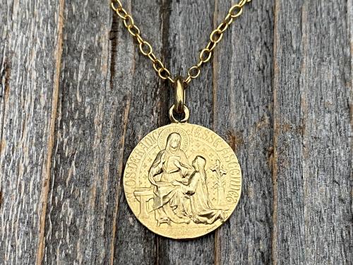 Gold Saint Anne Medal Pendant Necklace, French Antique Replica, Artist Tricard, Patron Saint of Grandmothers, St Anne Medallion, Gold Bronze